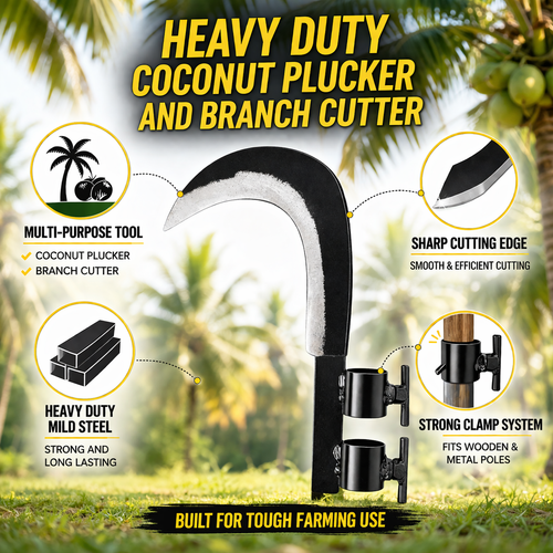 Heavy Duty Coconut Plucker, Grass Sickle & Branch Cutter Head  | Adjustable Clamp Iron Blade for Farming ( Black )