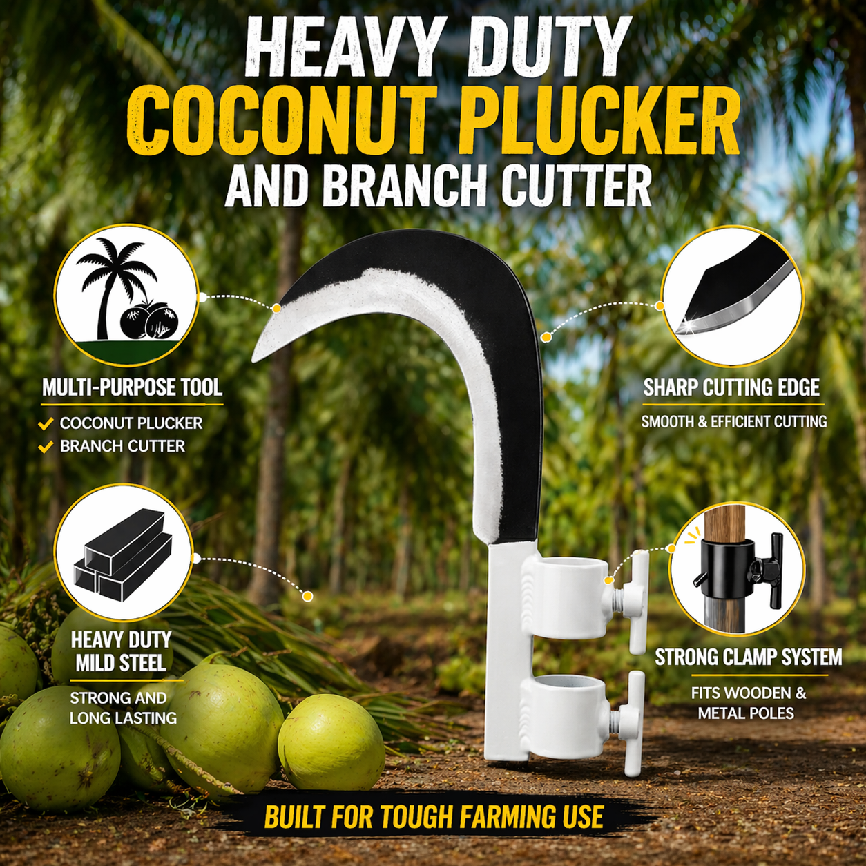 Heavy Duty Coconut Plucker, Grass Sickle & Branch Cutter Head | Adjustable Clamp Iron Blade for Farming ( White )