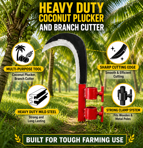 Heavy Duty Coconut Plucker, Grass Sickle & Branch Cutter Head | Adjustable Clamp Iron Blade for Farming ( Red )